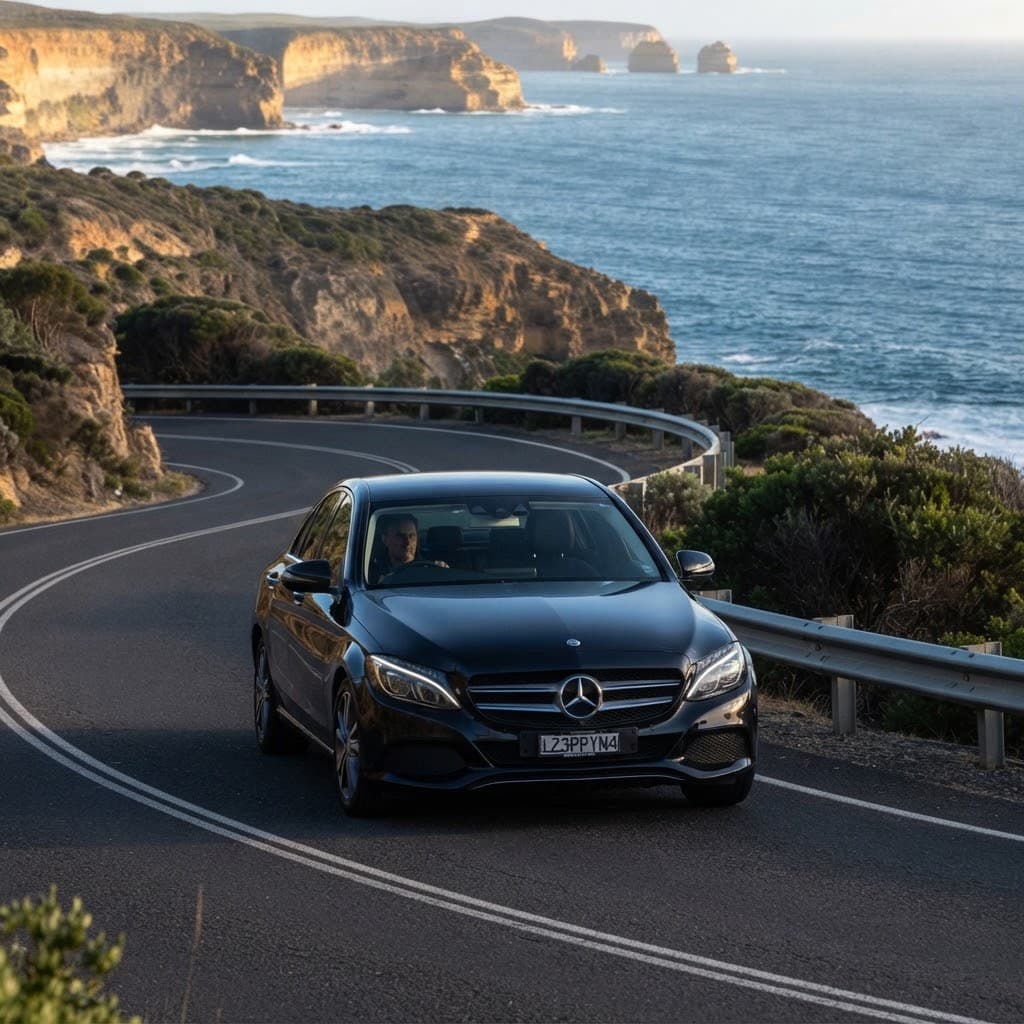 A driver navigating a winding coastal road along Australian cliffs